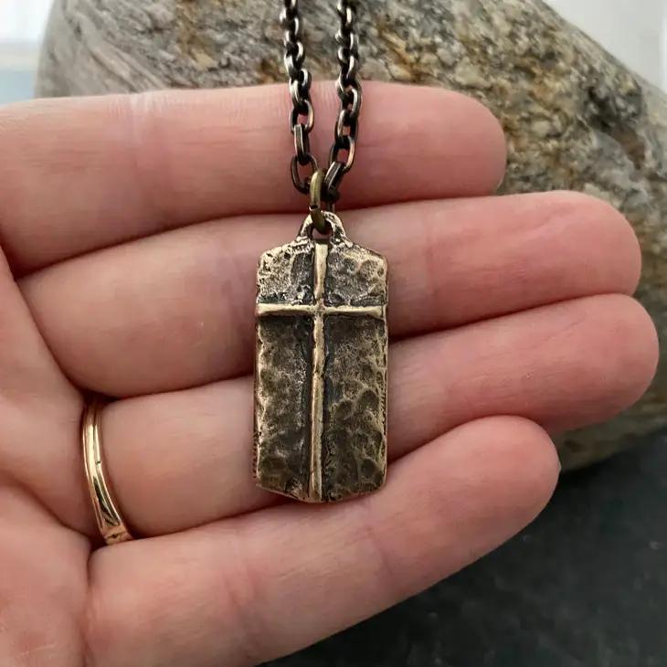 Bronze Lord's Prayer Necklace with Cross - 20in