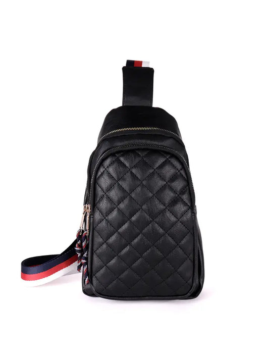 Vegan Leather Quilted Stripe Strap Sling Bag - Black