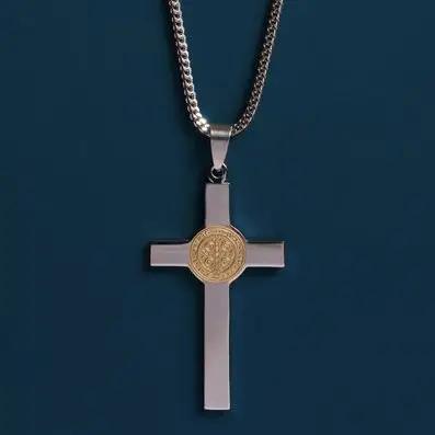 Large St. Benedict Gold and Silver Cross Necklace - 24in-
