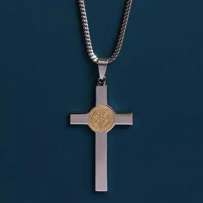 Large St. Benedict Gold and Silver Cross Necklace - 24in