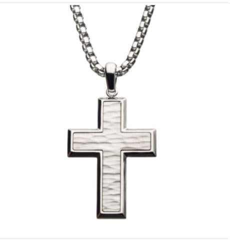 Matte Stainless Steel Short Cross Pendant with 22" Steel Box Chain