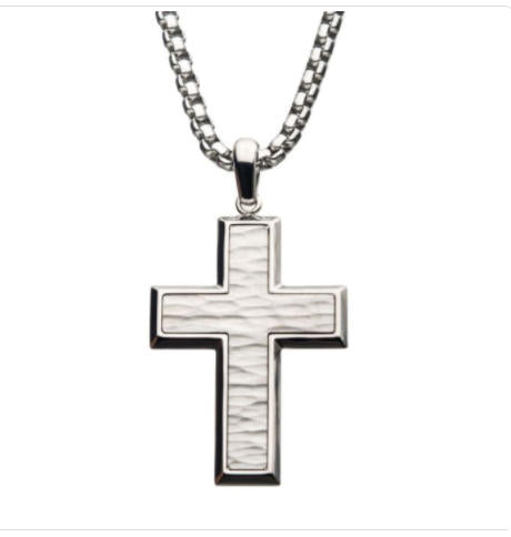 Matte Stainless Steel Short Cross Pendant with 22" Steel Box Chain Sale Sale