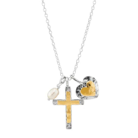 Powerful Duo Silver & 14k Gold Plate Pearl Cross Pendant Sale