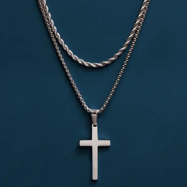 Silver Rope Chain and Large Silver Cross - 24in / 26in-