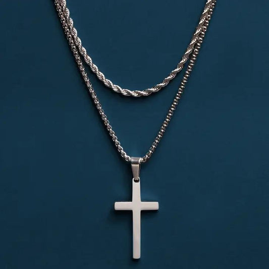 Silver Rope Chain and Large Silver Cross - 24in / 26in-