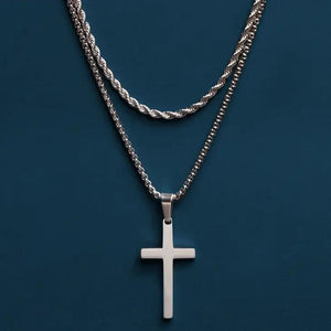 Silver Rope Chain and Large Silver Cross - 24in / 26in